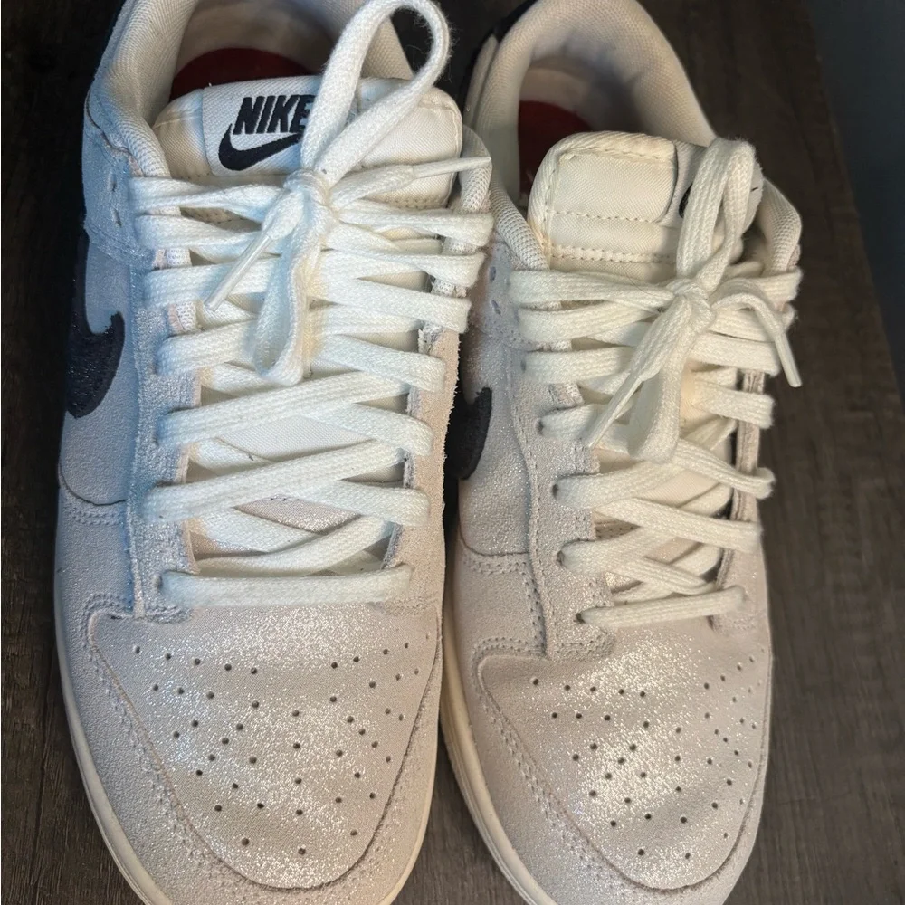 Sparkly Nike Dunks: White Sparkle with Black Swoosh